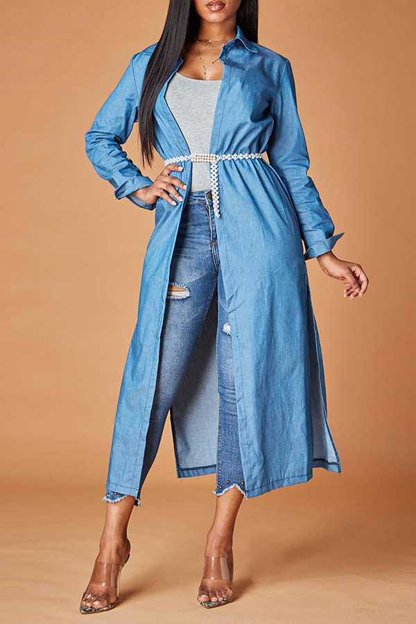 

Lovely Casual Side Slit Blue Trench Coat