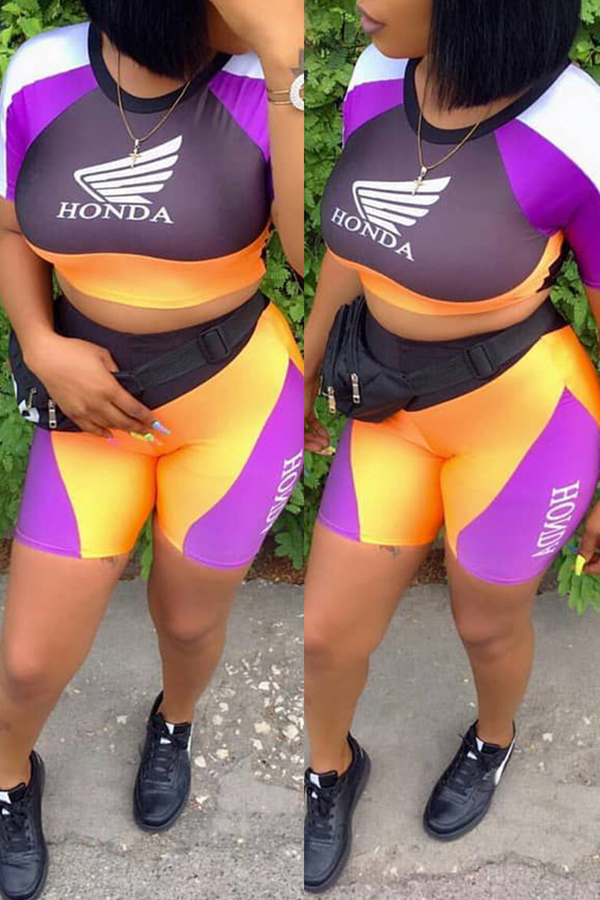 

Lovely Leisure Patchwork Purple Two-piece Shorts Set