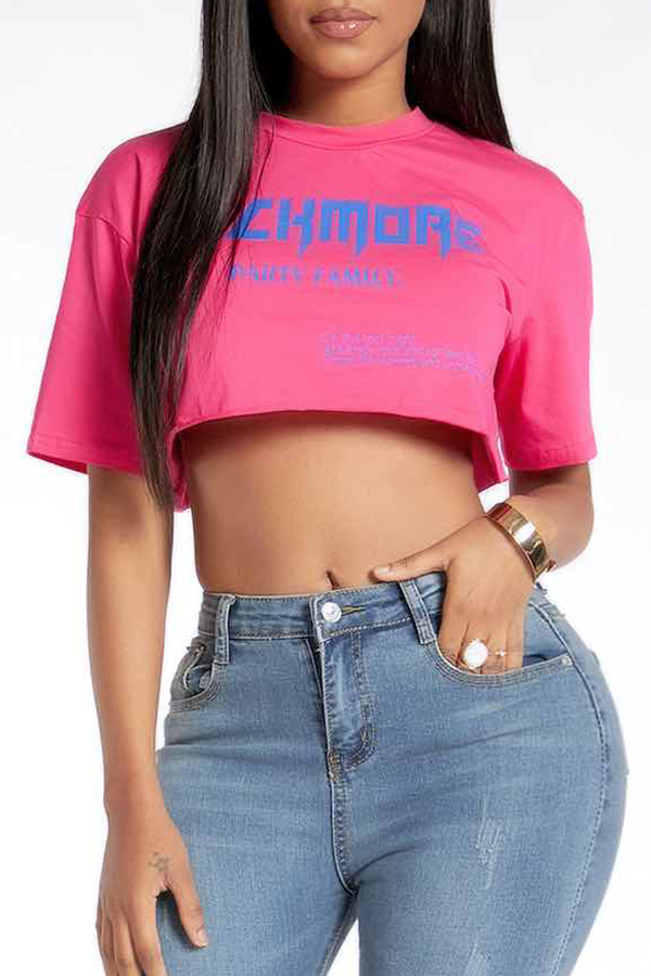 

Lovely Casual Crop Top Letter Print Rose Red T-shirt