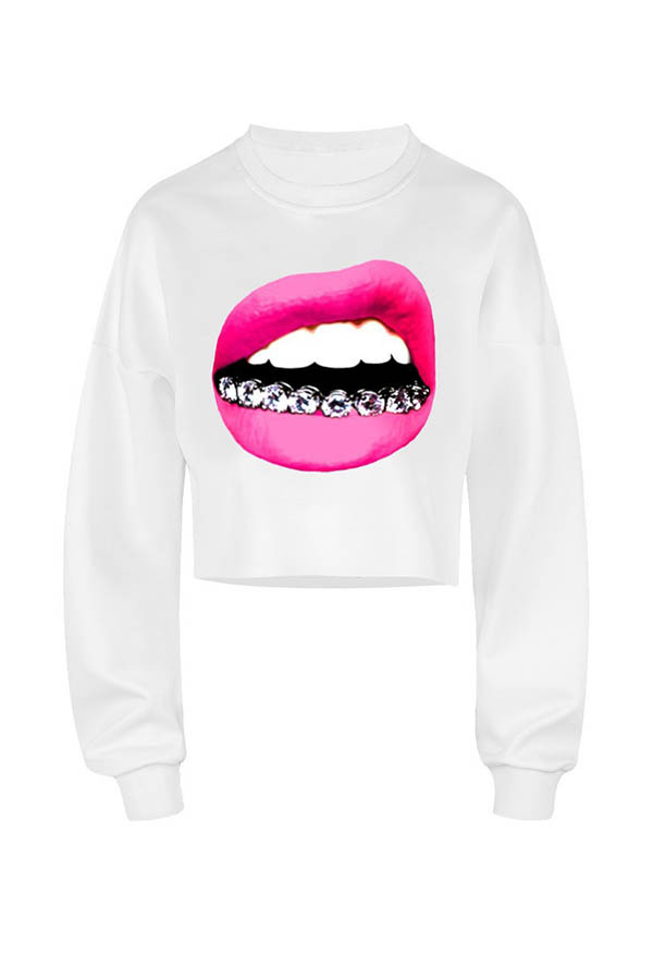 

Lovely Casual Lip Print White Sweatshirt Hoodie