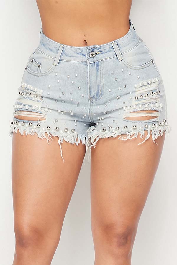 

Lovely Trendy Hollow-out Baby Blue Shorts