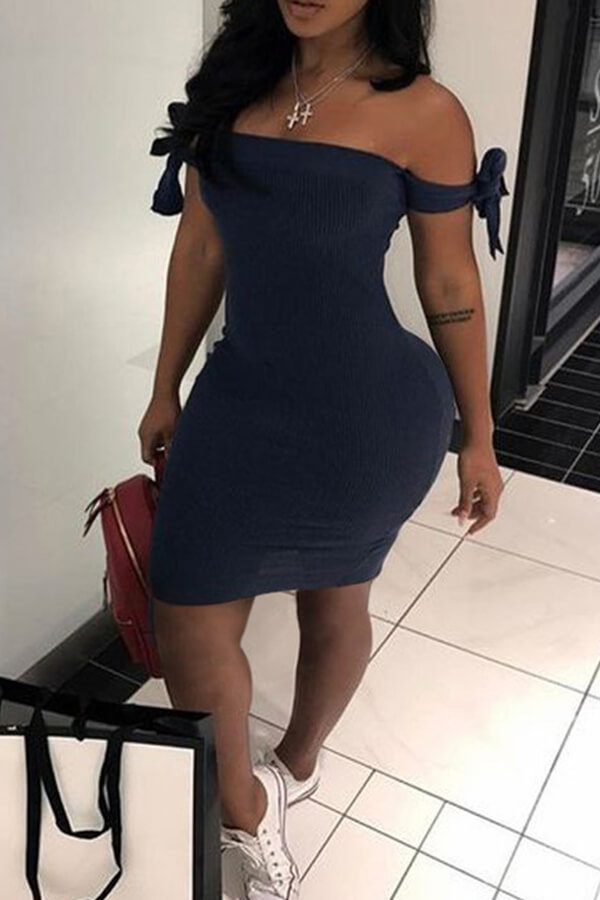 

Lovely Sexy Lace-up Dark Blue Knee Length Dress