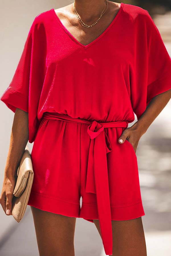 

Lovely Casual Lace-up Red One-piece Romper