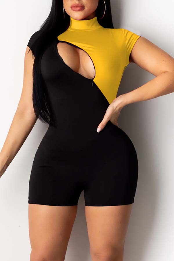 

Lovely Casual Patchwork Golden Yellow One-piece Romper