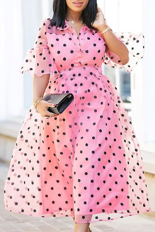 

Lovely Stylish Dot Print Pink Mid Calf Dress