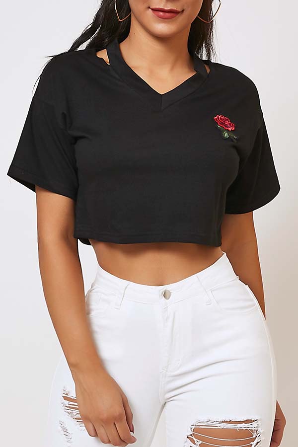 

Lovely Casual V Neck Embroidered Black T-shirt