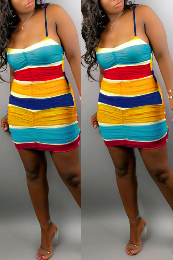 

Lovely Trendy Rainbow Striped Multicolor Mini Dress, Multi
