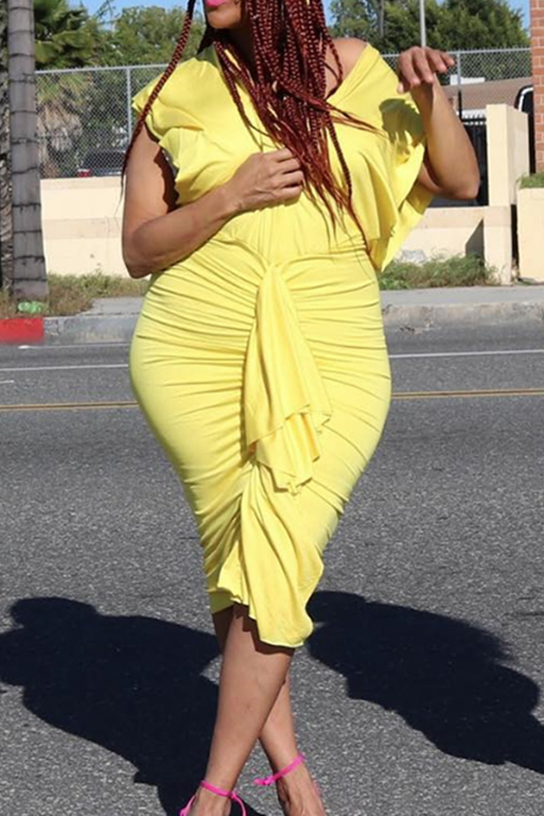 

Lovely Sexy Deep V Neck Fold Design Yellow Mini Dress