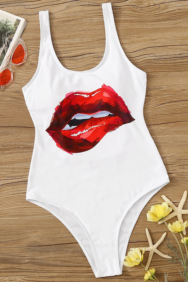 

Lovely Lip Print White One-piece Swimsuit