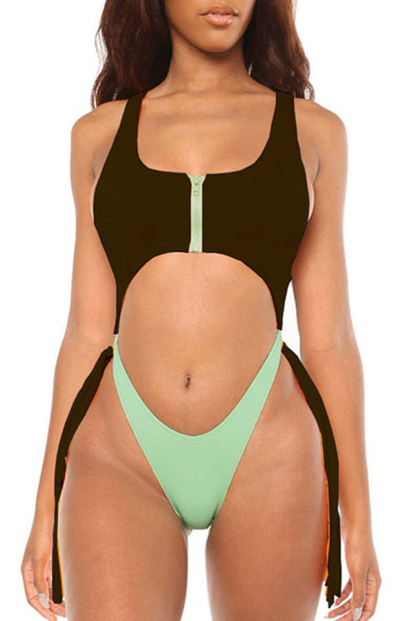 

Lovely Patchwork Black One-piece Swimsuit