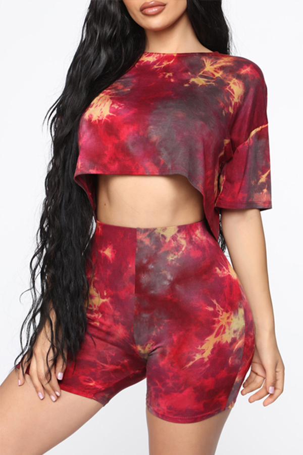 

Lovely Casual Tie-dye Red Two-piece Shorts Set
