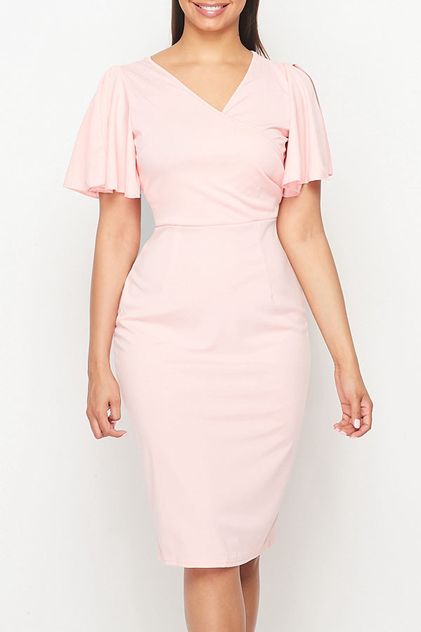 

Lovely Sweet V Neck Flounce Design Pink Knee Length Dress