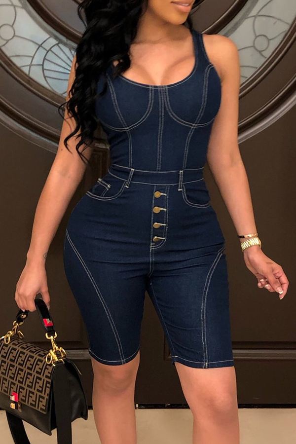 

Lovely Stylish Buttons Design Blue One-piece Romper