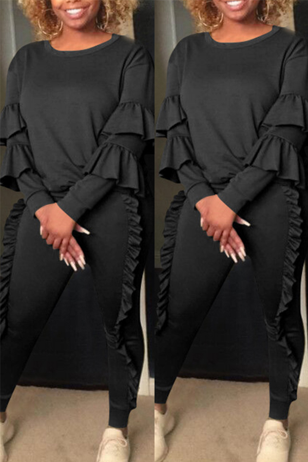 

Lovely Leisure Flounce Design Black Two-piece Pants Set