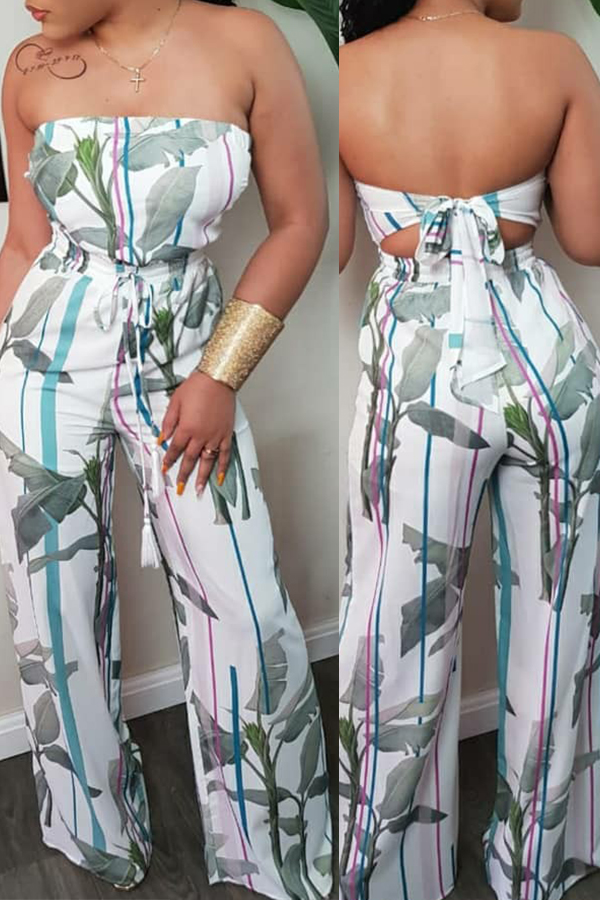 

Lovely Trendy Dew Shoulder Plants Print Green One-piece Jumpsuit