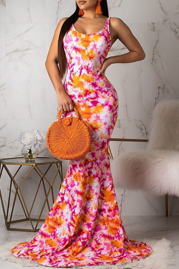 

Lovely Trendy Floral Print Rose Red Trailing Dress