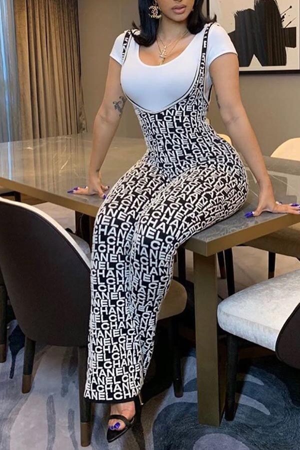 

Lovely Stylish Letter Print Black One-piece Jumpsuit