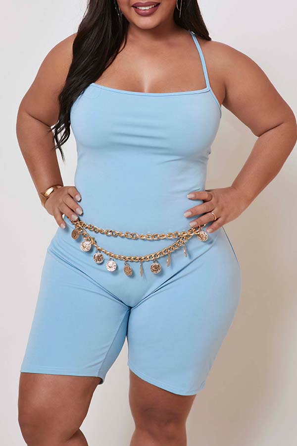 

Lovely Casual Basic Baby Blue Plus Size One-piece Romper