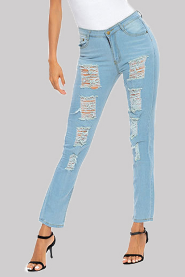 

Lovely Casual Broken Holes Baby Blue Jeans