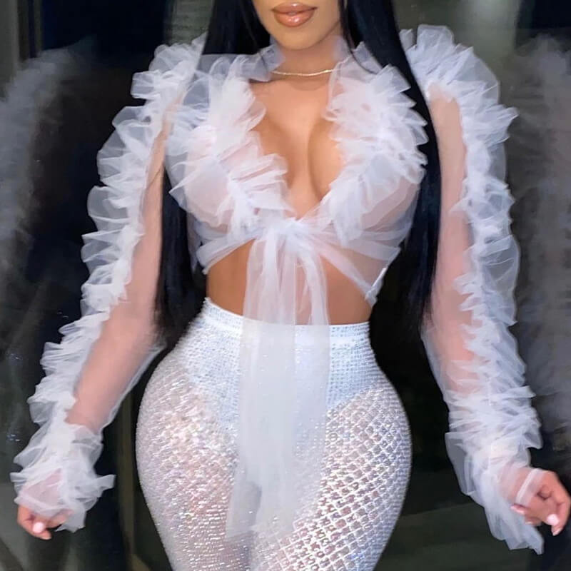 

Lovely Sexy Flounce Design See-through White Blouse