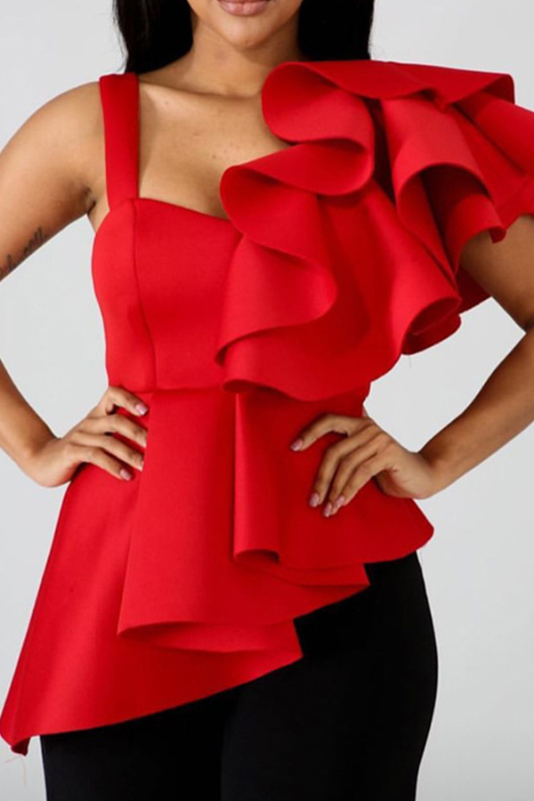 

Lovely Trendy Flounce Design Red Blouse