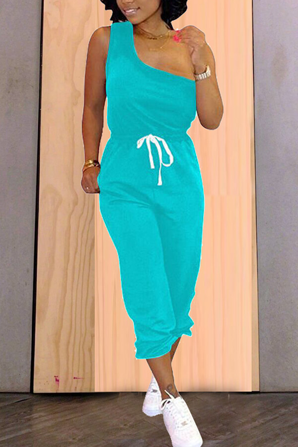 

Lovely Casual One Shoulder Lace-up Skyblue Two-piece Pants Set