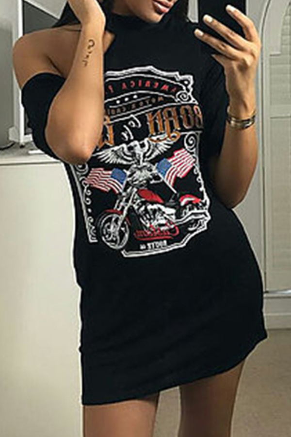 

Lovely Casual Hollow-out Print Black Mini T-shirt Dress