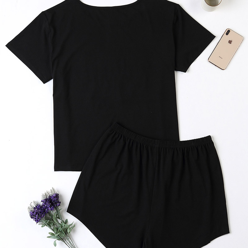 

Lovely Casual Heart Print Black Plus Size Two-piece Shorts Set