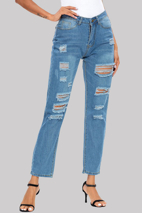 

Lovely Trendy Broken Holes Baby Blue Jeans