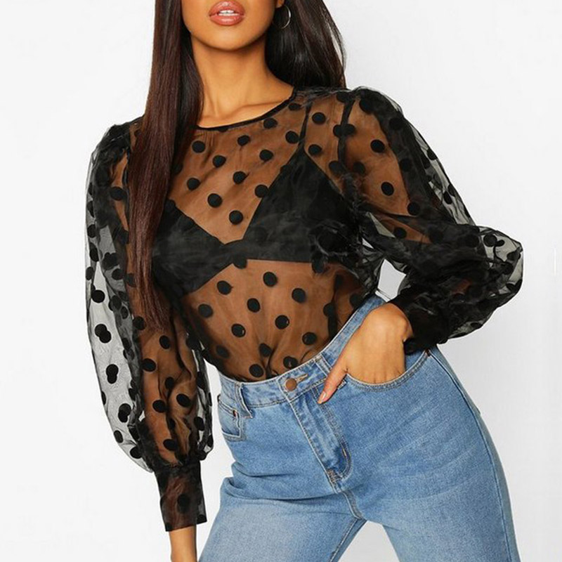 

Lovely Sweet O Neck See-through Black Blouse