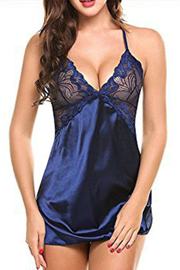 

Lovely Sexy Lace Patchwork Blue Babydolls