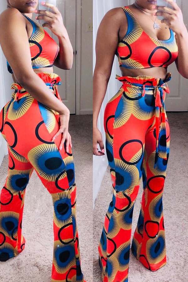 

Lovely Casual Print Red Two-piece Pants Set