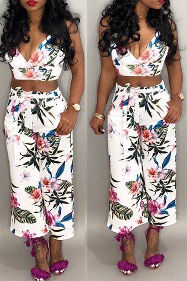 

Lovely Casual Plants Print White Two-piece Pants Set