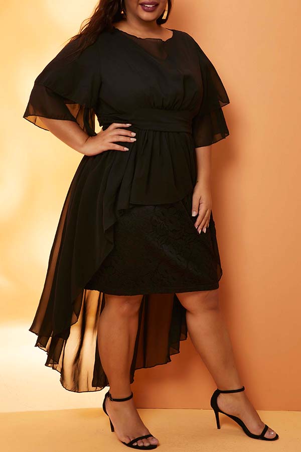 

Lovely Trendy Flounce Design Black Knee Length Plus Size Dress