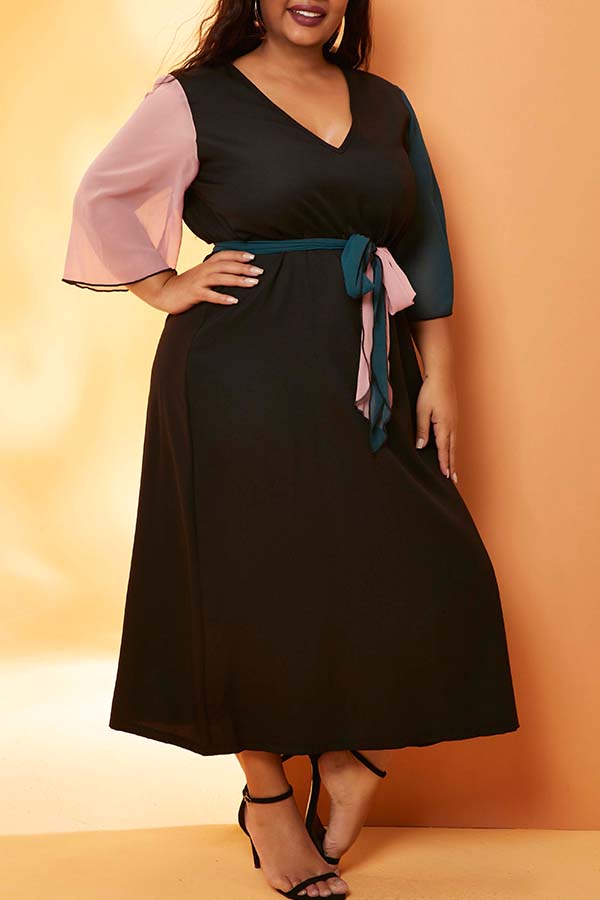 

Lovely Stylish Patchwork Black Mid Calf Plus Size Dress