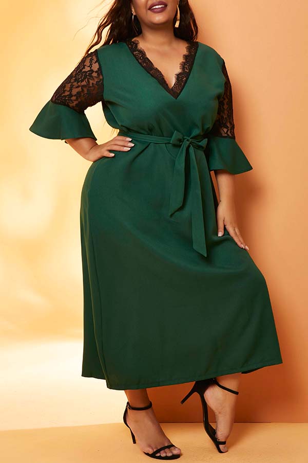 

Lovely Stylish Flounce Design Green Mid Calf Plus Size Dress