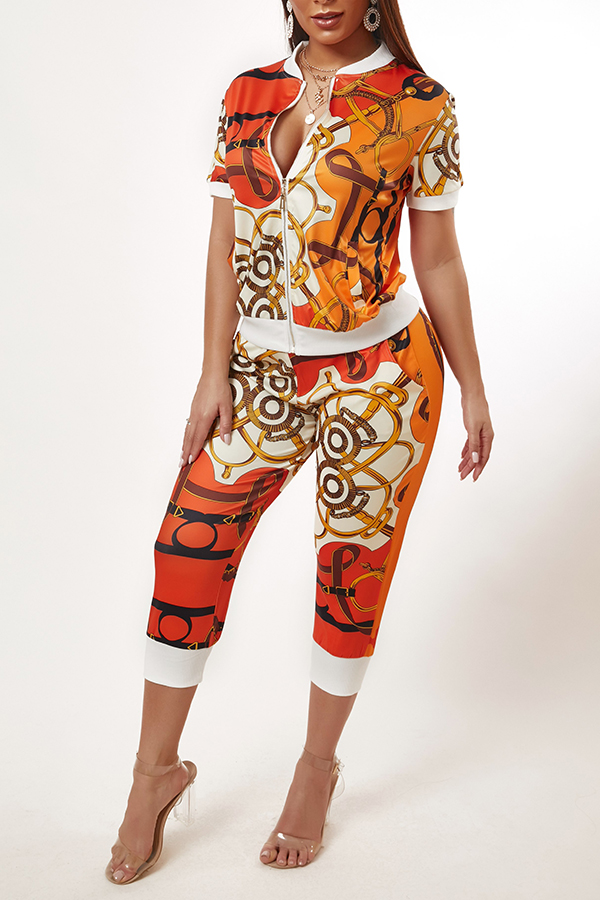 

Lovely Leisure Print Patchwork Orange Loungewear