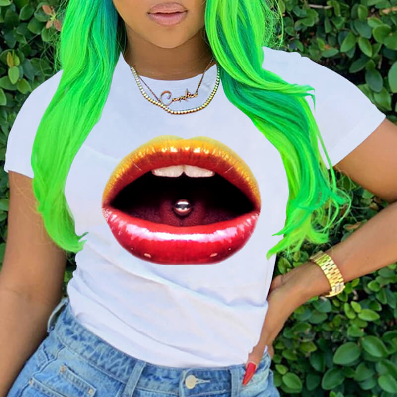 

Lovely Casual O Neck Lip Print White T-shirt