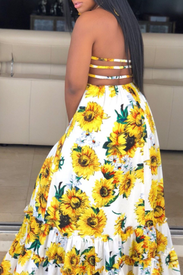 Wipalo Plus Size Sunflower Print Maxi Dress Tie Shoulder Long Dress Sleeveless Boho Women 