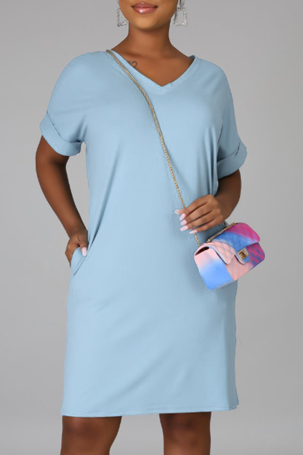 

Lovely Casual V Neck Basic Blue Knee Length T-shirt Dress