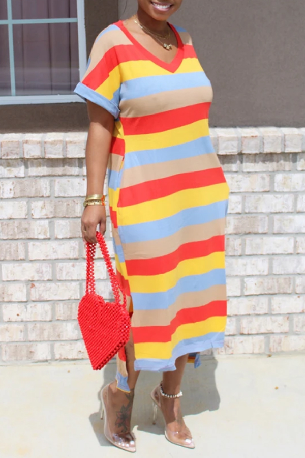 

Lovely Leisure V Neck Striped Red Mid Calf T-shirt Dress, Red stripe