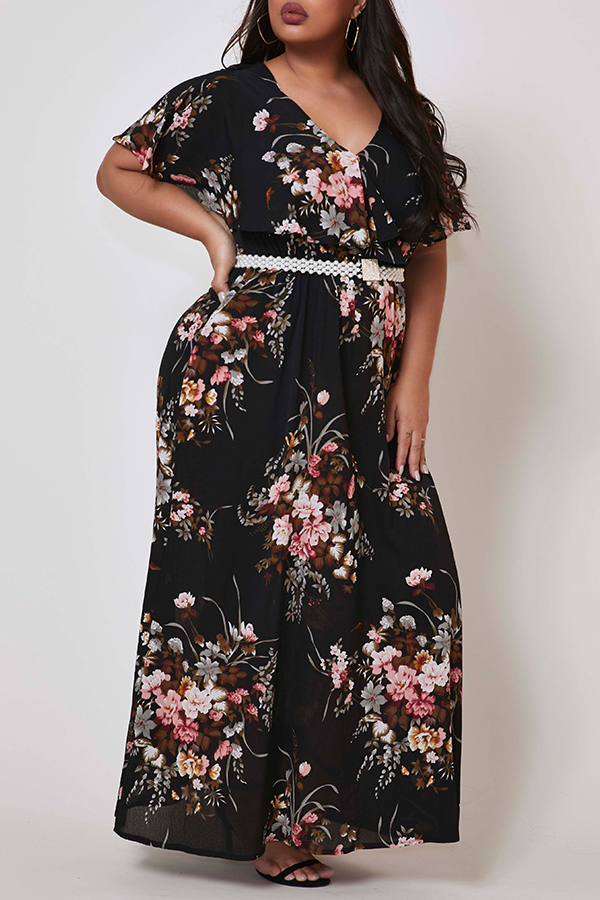 

Lovely Bohemian Print Black Ankle Length Plus Size Dress