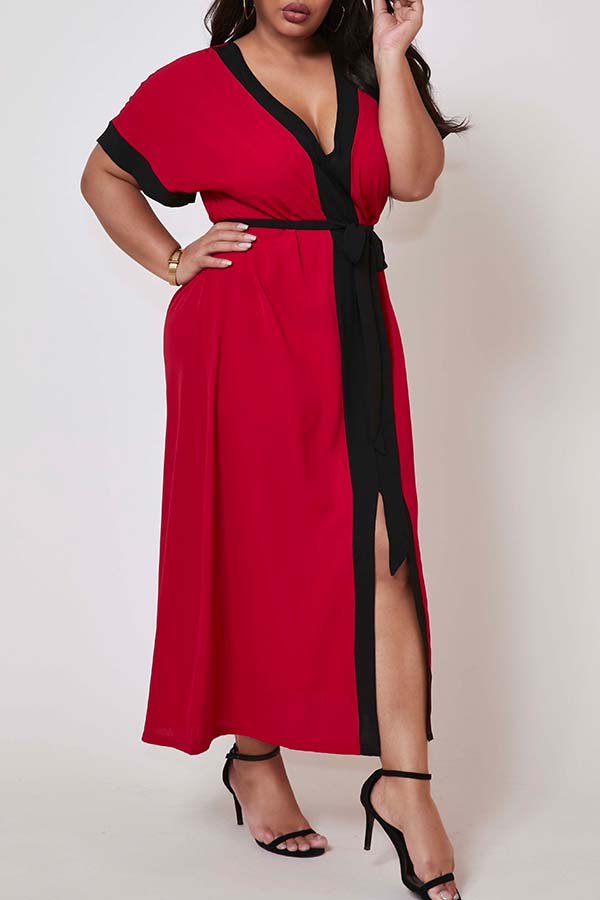 Lovely Casual Patchwork Red Ankle Length Plus Size Dress