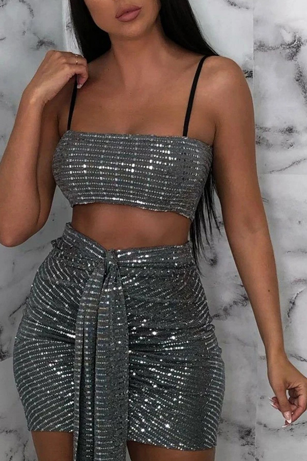 

Lovely Sexy Lace-up Silver Two-piece Skirt Set