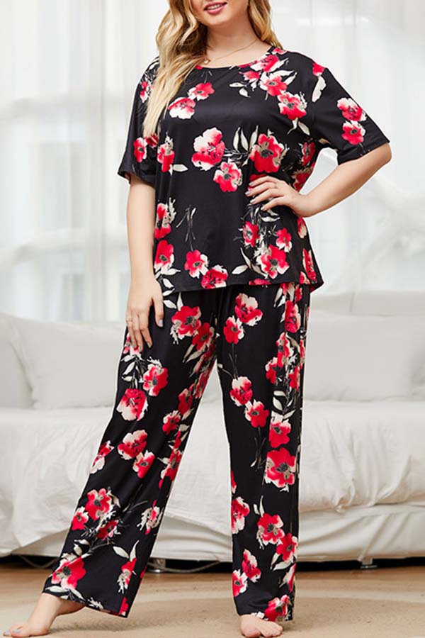 

Lovely Casual Print Black Plus Size Two-piece Pants Set