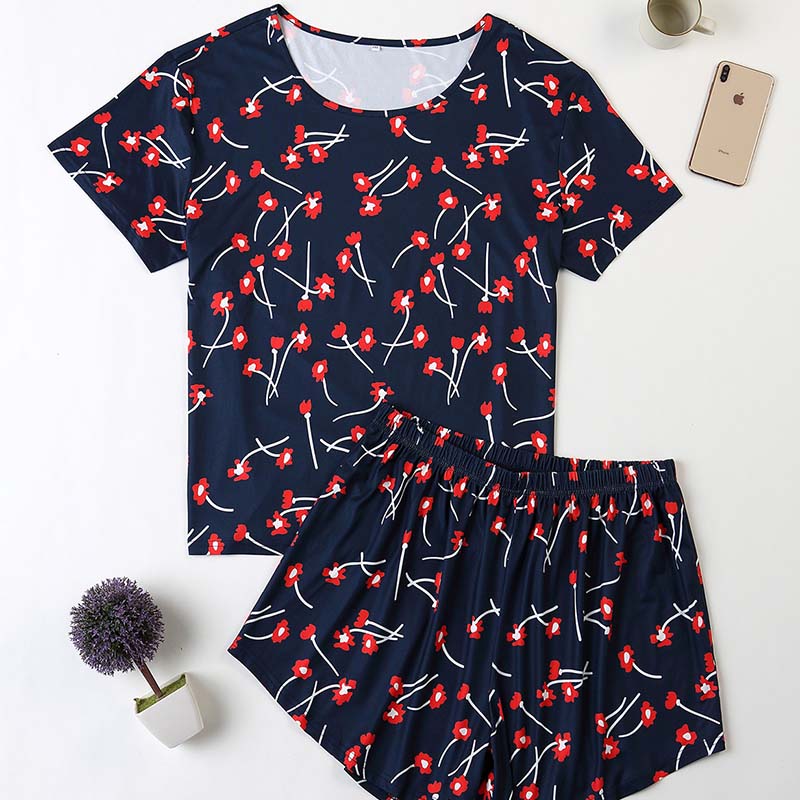 

Lovely Leisure Print Dark Blue Plus Size Two-piece Shorts Set
