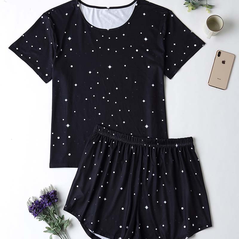 

Lovely Leisure Dot Print Black Plus Size Two-piece Shorts Set