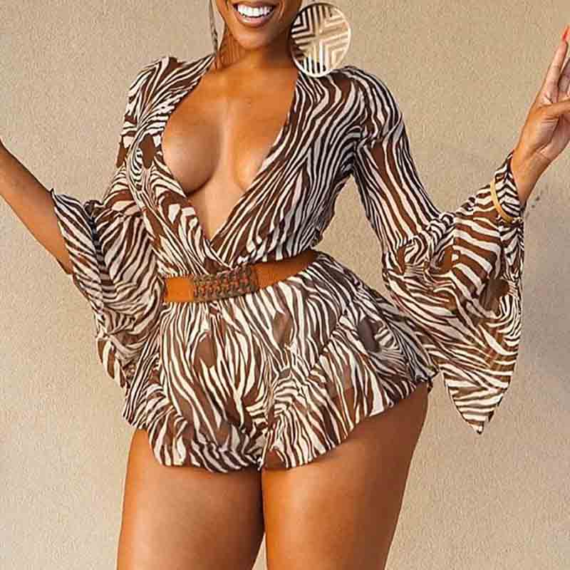 

Lovely Trendy Deep V Neck Print Brown One-piece Romper