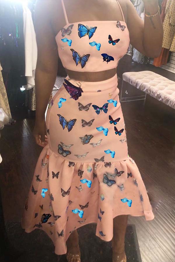 

Lovely Sweet Butterfly Print Light Pink Two-piece Skirt Set