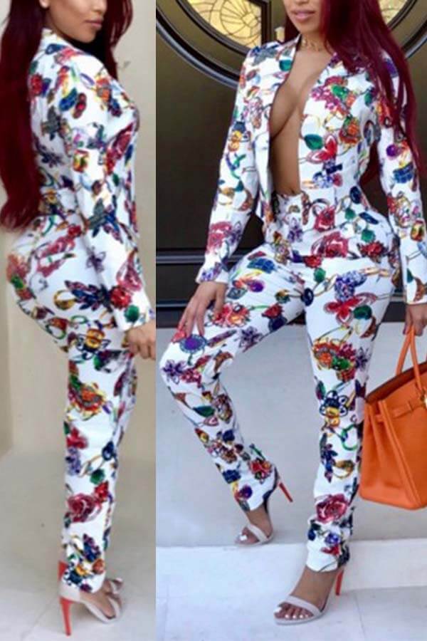 

Lovely Casual Print White Two-piece Pants Set
